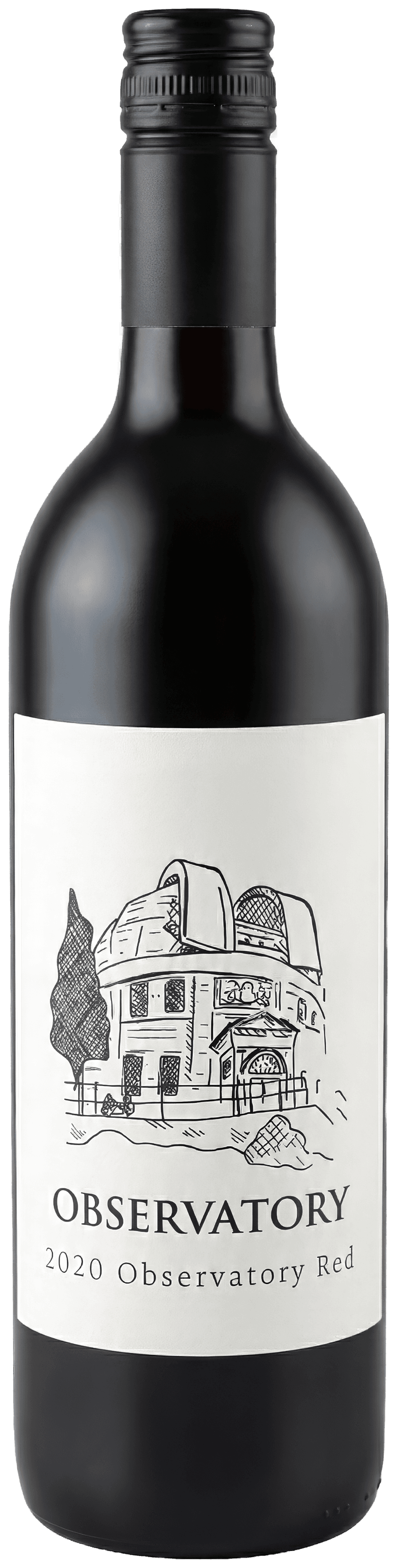 Bottle of Observatory 2020 Red wine with observatory building illustration on label
